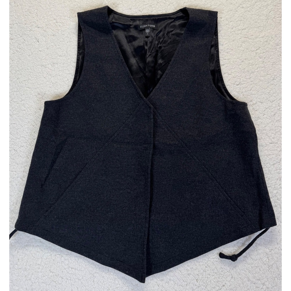 Eileen Fisher Womens Charcoal Grey 100% Wool Silk Lined Pointed Hem Vest Size S